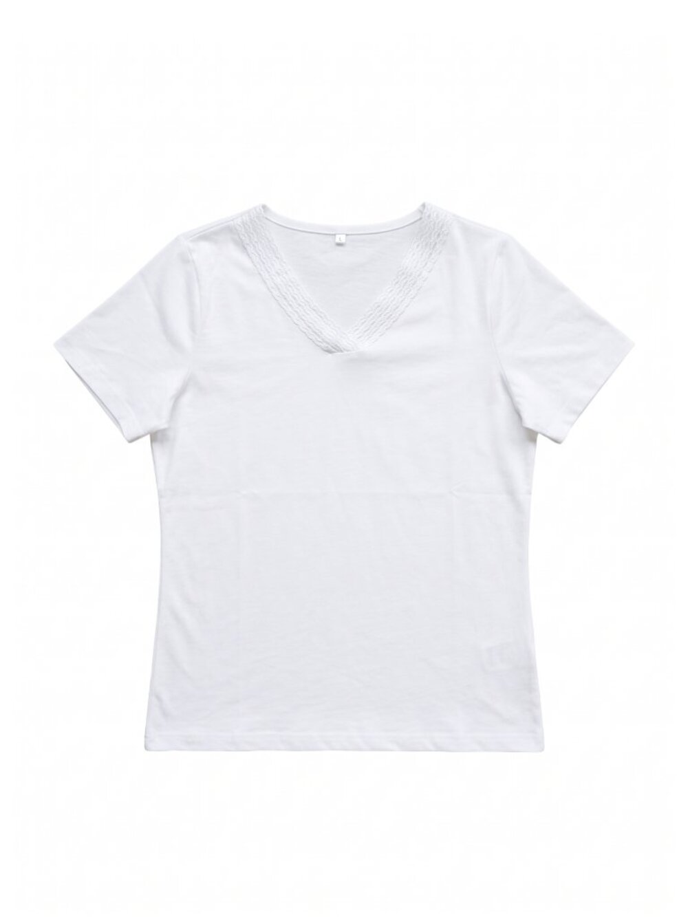 NWOT | Crisp White Short Sleeve V-Neck Tee Crochet Lace Trim Detail | Large